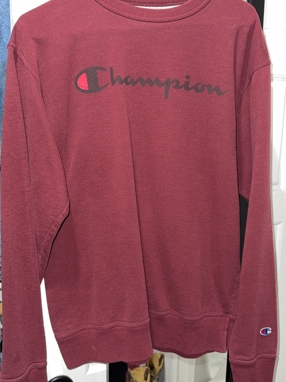 Champion Women's Crewneck Sweatshirt in Burgundy with Black Logo